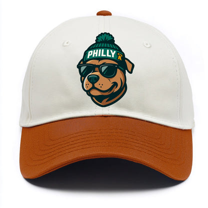 Philly Pitbull wearing Eagles beanie with Liberty Bell patch and wayfarer sunglasses - Two Tone Cap - Orange