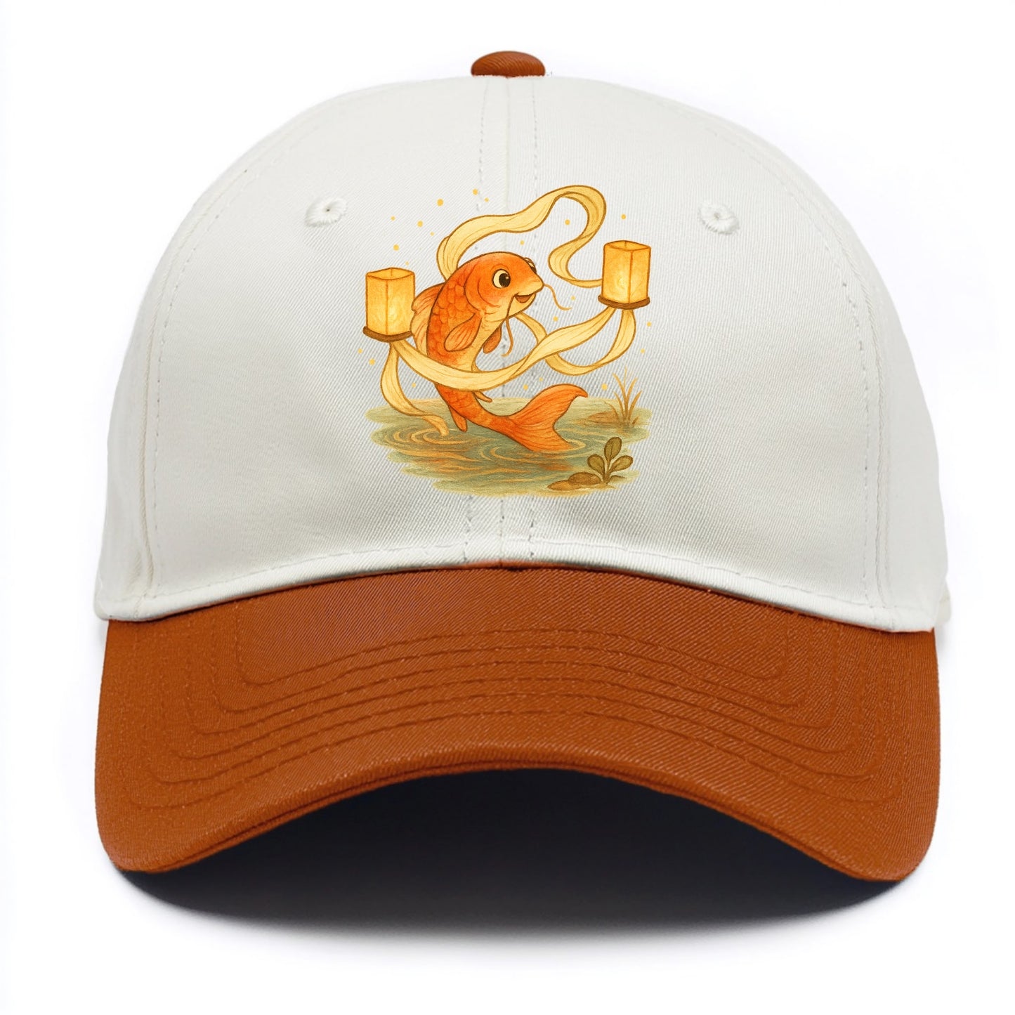 Koi weaving silk streamers through floating lanterns on tranquil water - Two Tone Cap - Orange