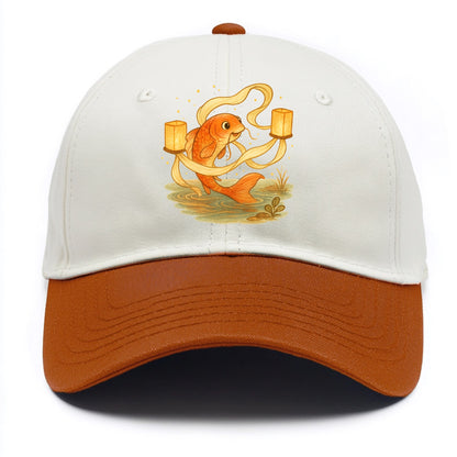 Koi weaving silk streamers through floating lanterns on tranquil water - Two Tone Cap - Orange