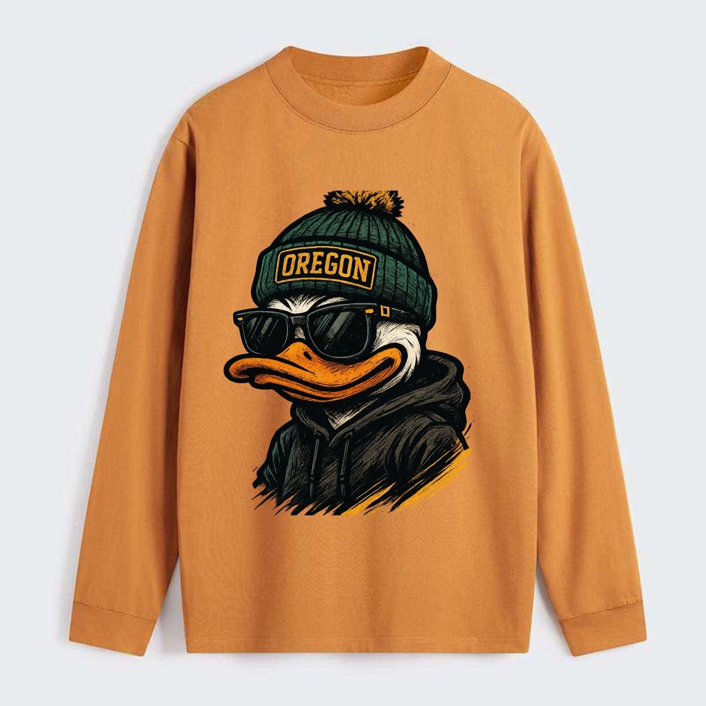 Eugene Duck wearing Oregon beanie with O patch - Classic Long Sleeve Shirt - Orange
