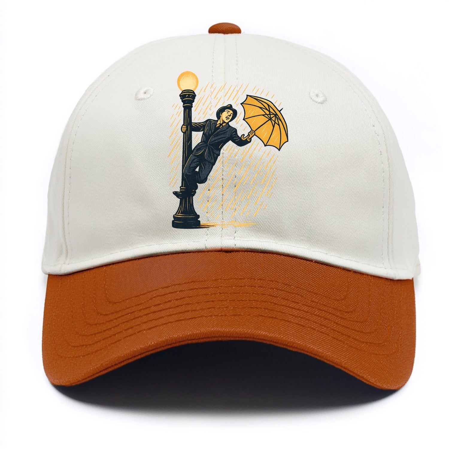 joyful dancing on lamppost in heavy rain with big smile - Two Tone Cap - Orange