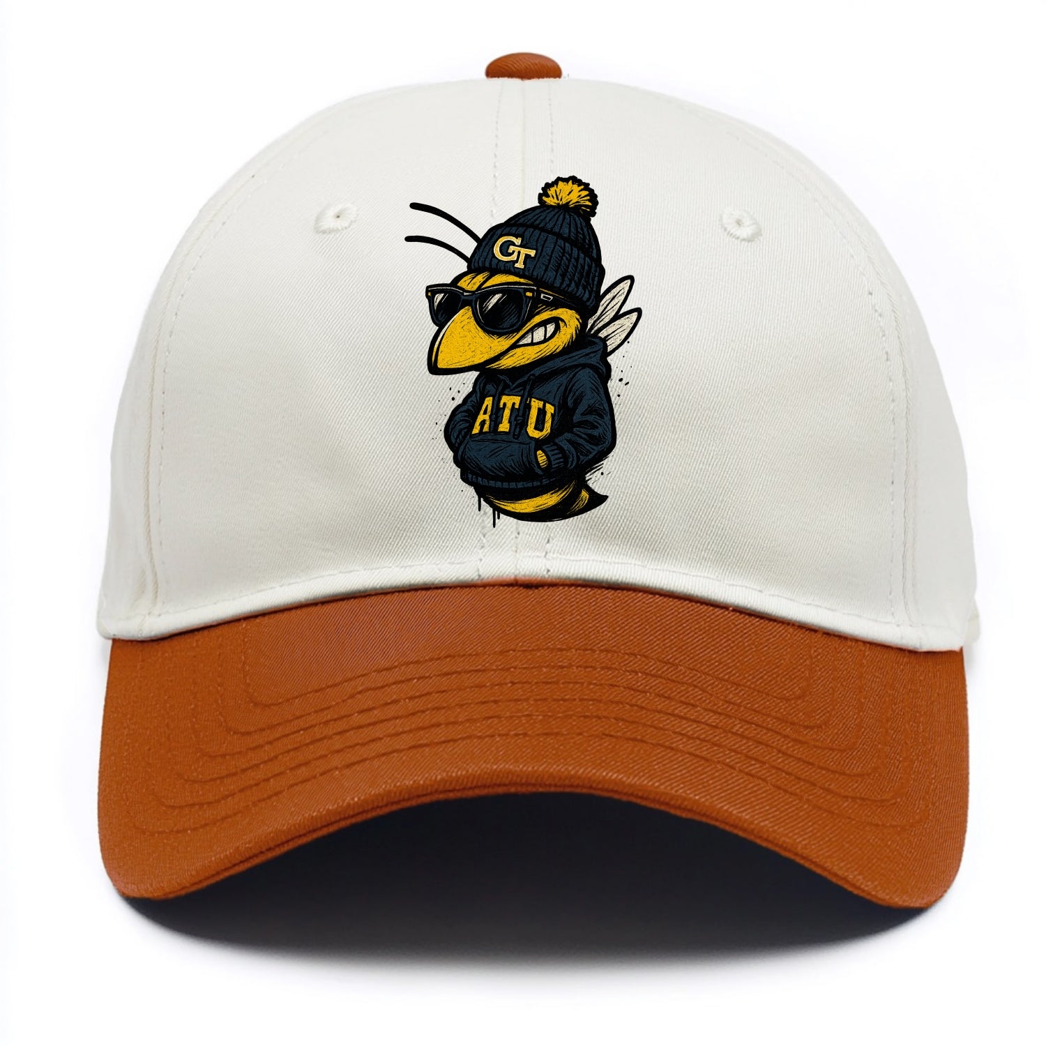 Atlanta Yellow Jacket wearing Georgia Tech beanie with GT patch - Two Tone Cap - Orange