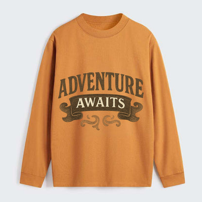 Bold typography design - "ADVENTURE AWAITS" - excitement ahead, ready - Classic Long Sleeve Shirt - Orange