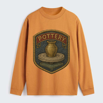 Pottery wheel with clay vessel - ceramicist symbol - Classic Long Sleeve Shirt - Orange