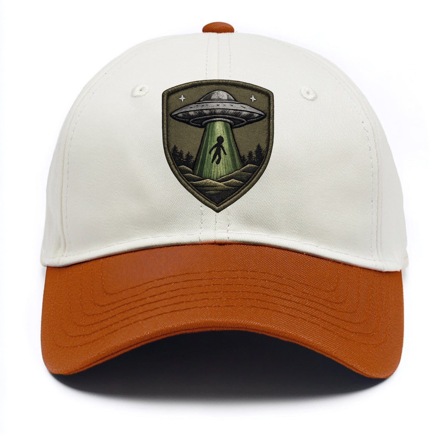 UFO ALIEN - flying saucer with beam in silver and green , extraterrestrial - Two Tone Cap - Orange