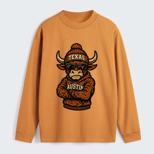 Austin Bevo wearing Texas beanie with longhorn patch - Classic Long Sleeve Shirt