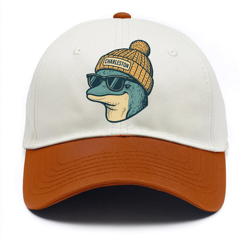 Charleston Dolphin wearing Charleston beanie with pom pom and wayfarer sunglasses - Two Tone Cap