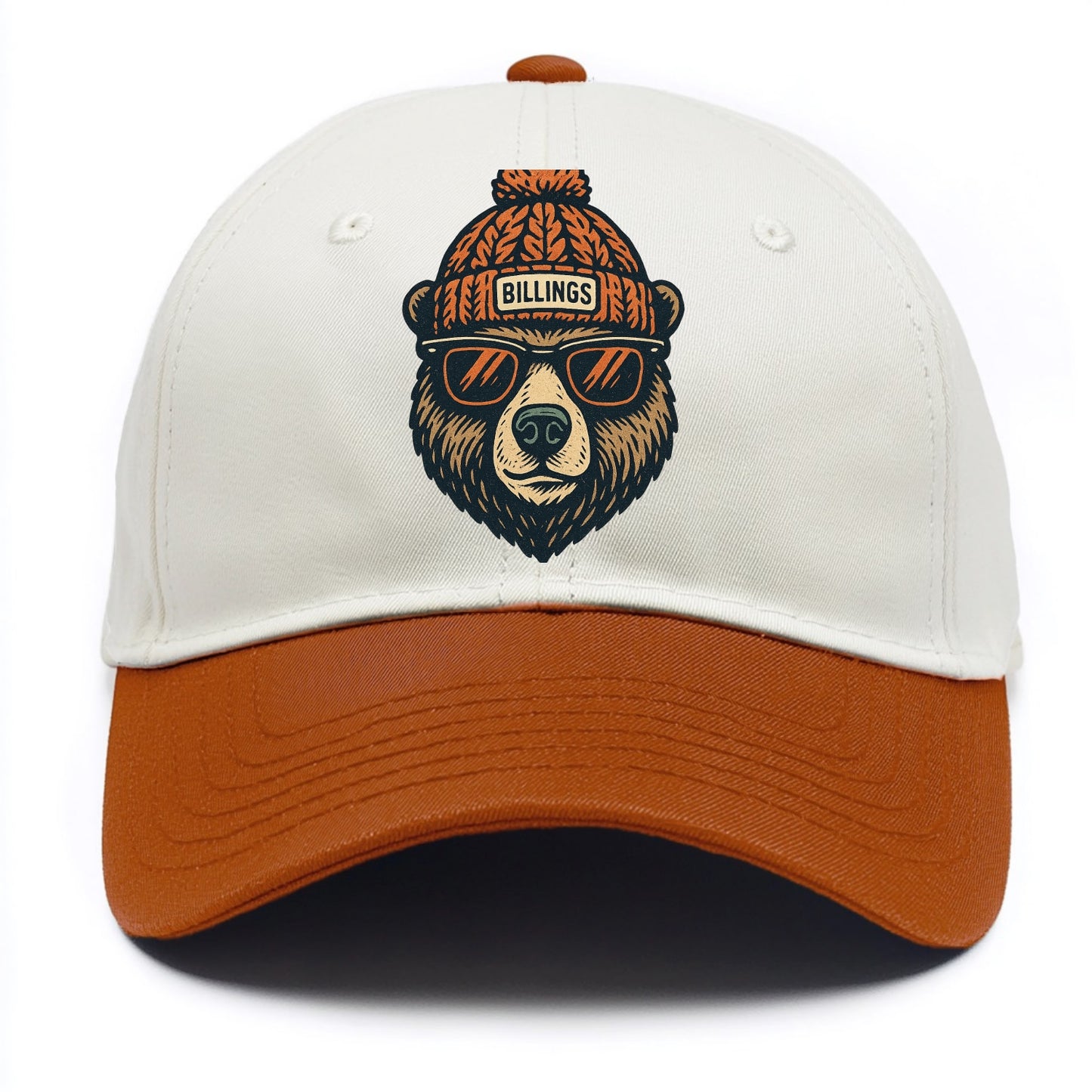 Montana Grizzly Bear wearing Billings beanie with pom pom and wayfarer sunglasses - Two Tone Cap - Orange