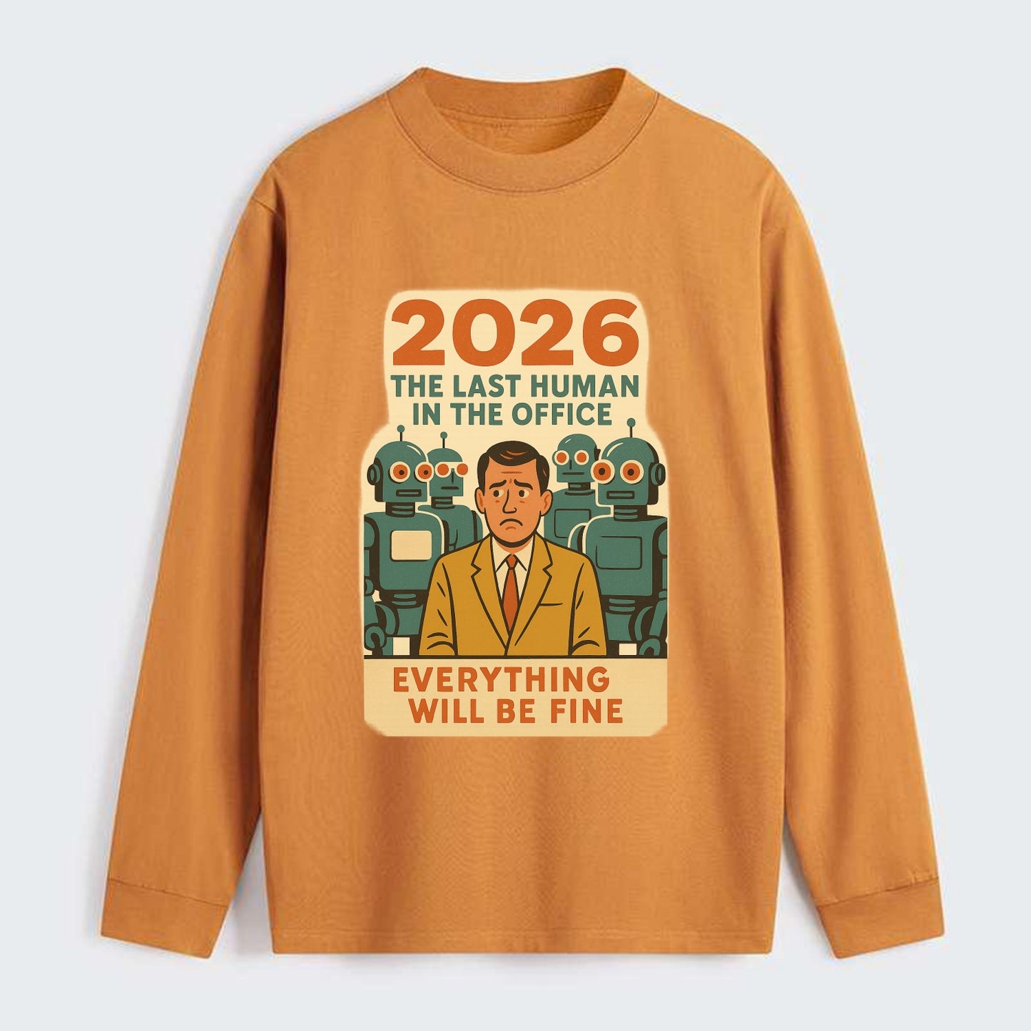Single human worker surrounded by robot coworkers - "The last human in - Classic Long Sleeve Shirt - Orange