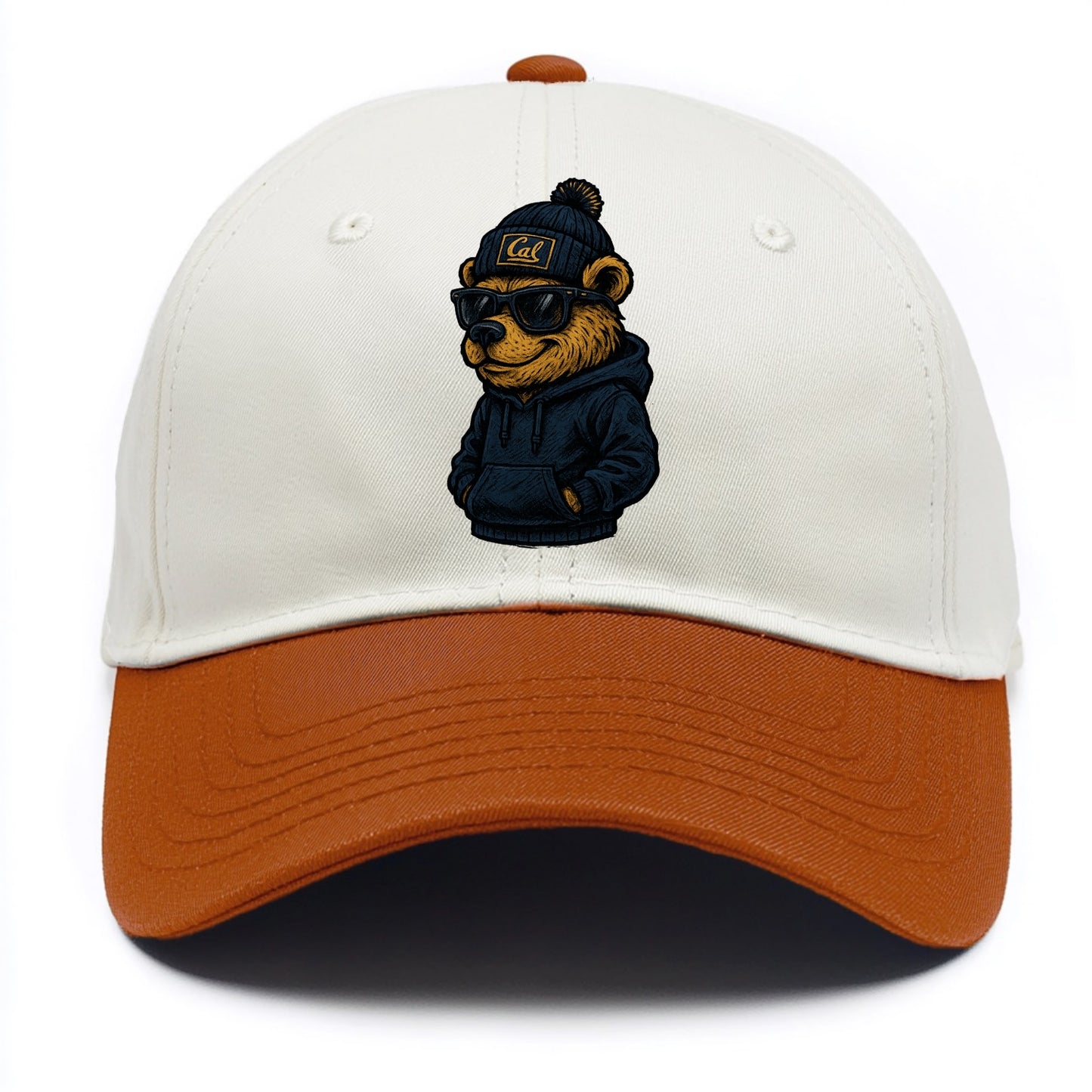 Berkeley Bear wearing Cal beanie with script patch - Two Tone Cap - Orange