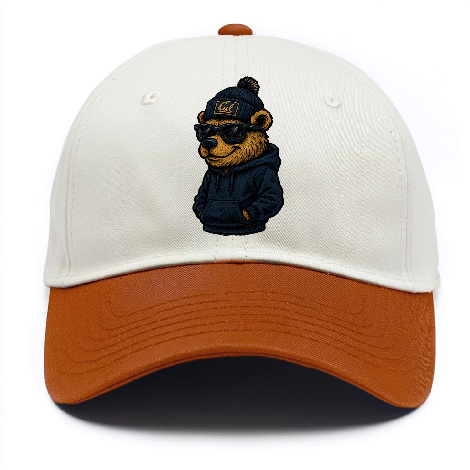 Berkeley Bear wearing Cal beanie with script patch - Two Tone Cap - Orange