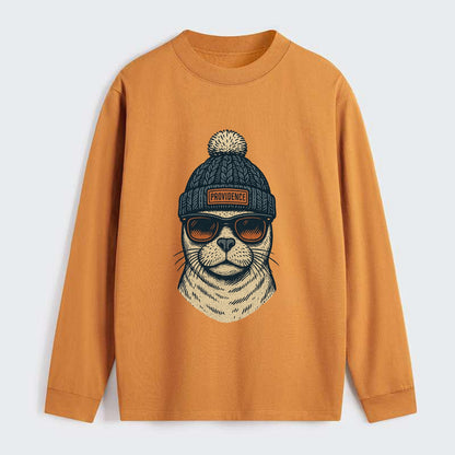 Rhode Island Harbor Seal wearing Providence beanie with pom pom and - Classic Long Sleeve Shirt - Orange