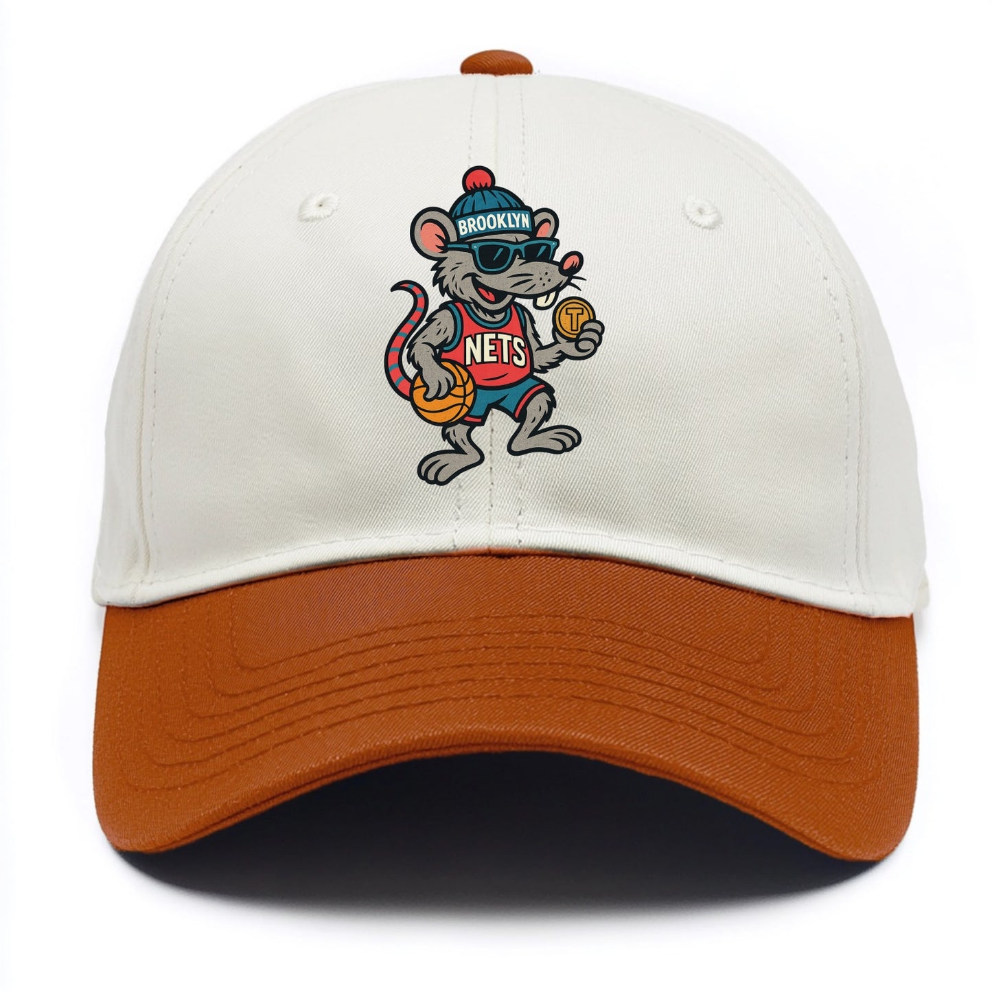 Brooklyn Rat wearing Nets beanie with subway token and wayfarer sunglasses - Two Tone Cap - Orange
