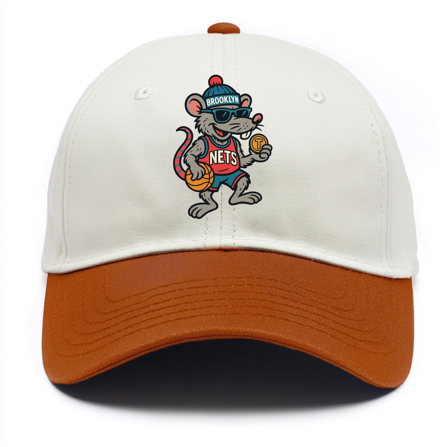 Brooklyn Rat wearing Nets beanie with subway token and wayfarer sunglasses - Two Tone Cap - Orange
