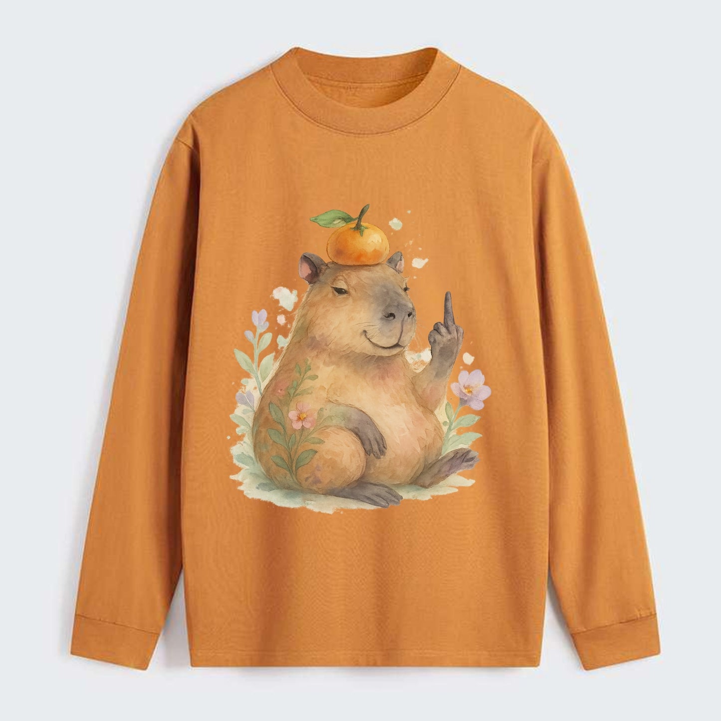 chonky capybara relaxing with orange on head, one webbed middle finger - Classic Long Sleeve Shirt - Orange