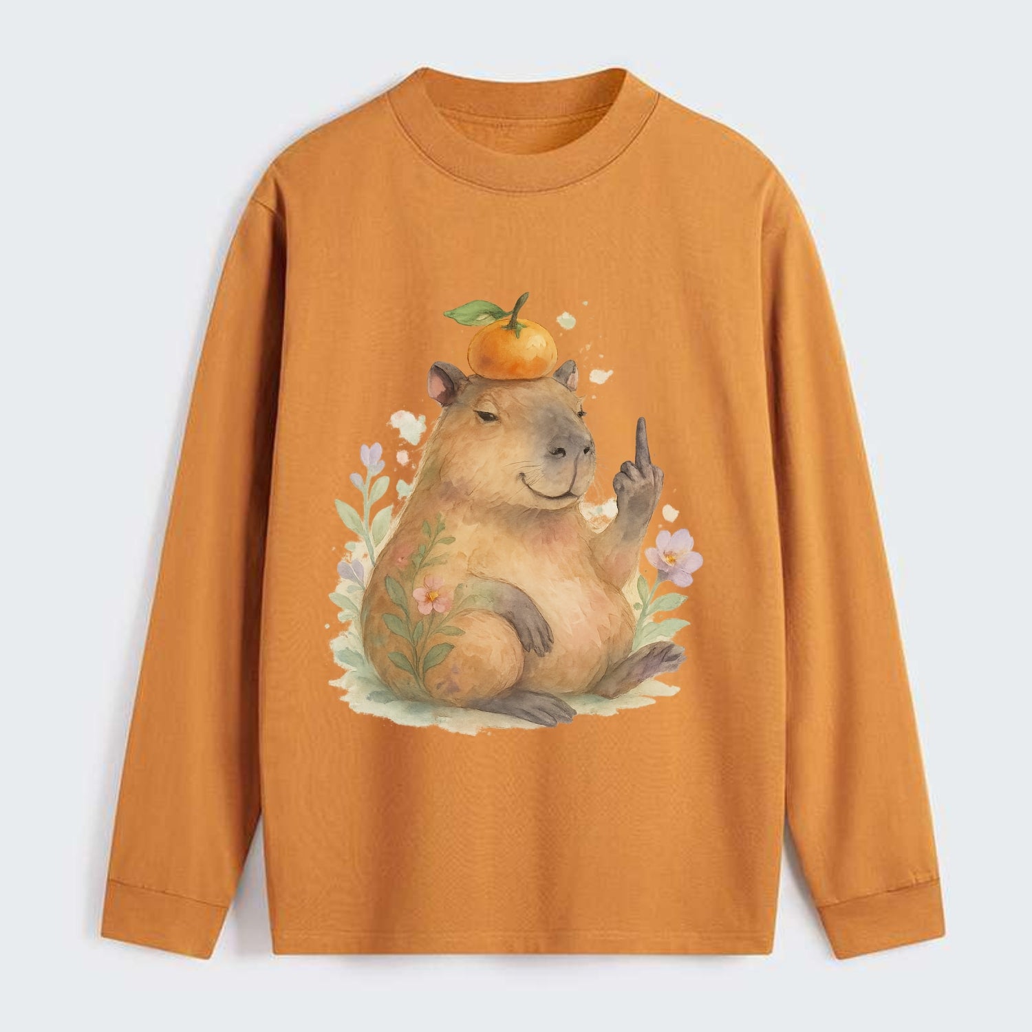 chonky capybara relaxing with orange on head, one webbed middle finger - Classic Long Sleeve Shirt - Orange