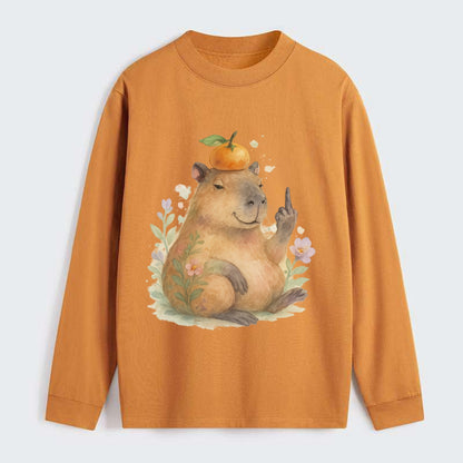 chonky capybara relaxing with orange on head, one webbed middle finger - Classic Long Sleeve Shirt - Orange