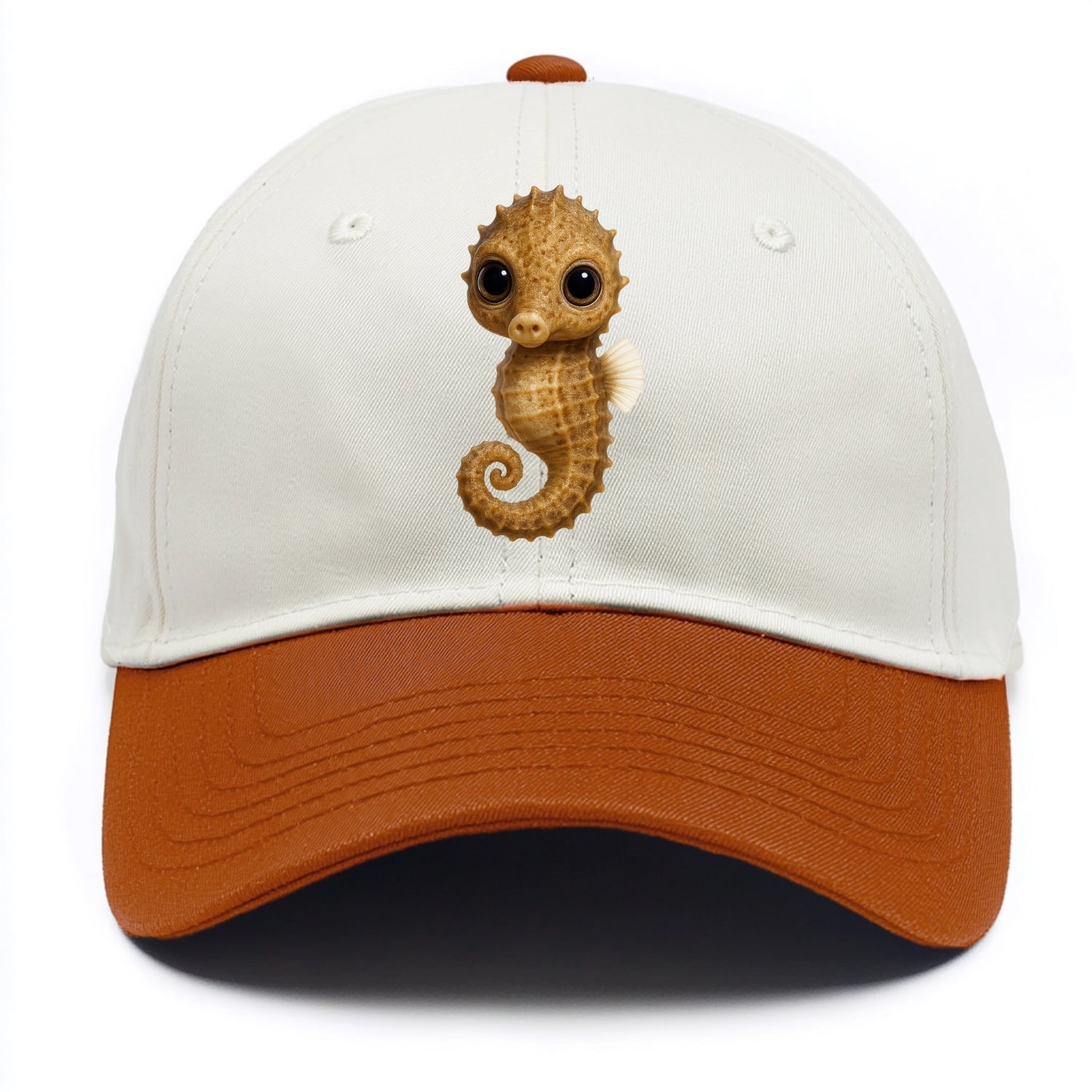 Baby Seahorse - curled tail, snout, large eyes, front-facing, delicate and cute - Two Tone Cap - Orange