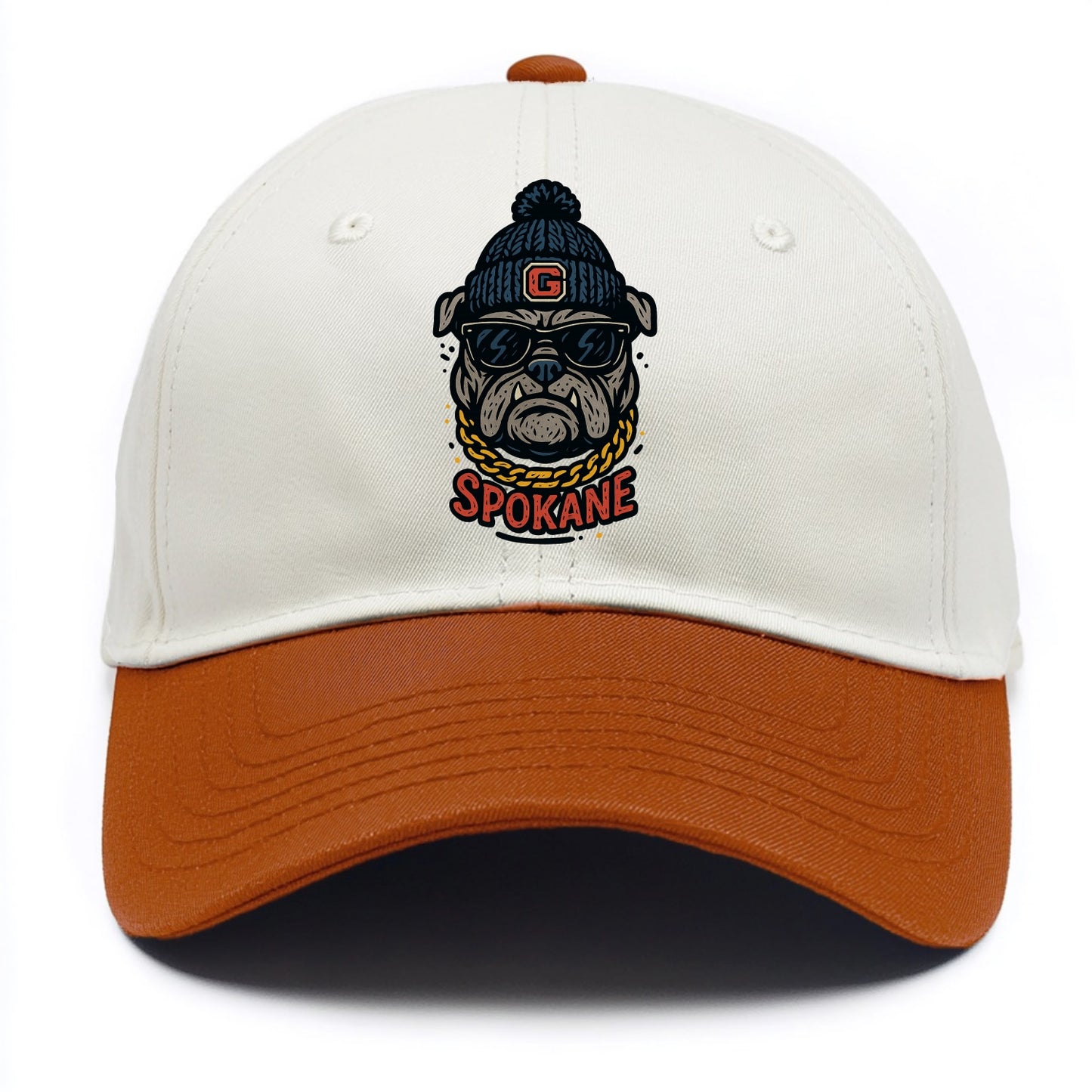 Spokane Bulldog wearing Gonzaga beanie with G patch - Two Tone Cap - Orange
