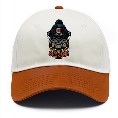 Spokane Bulldog wearing Gonzaga beanie with G patch - Two Tone Cap - Orange