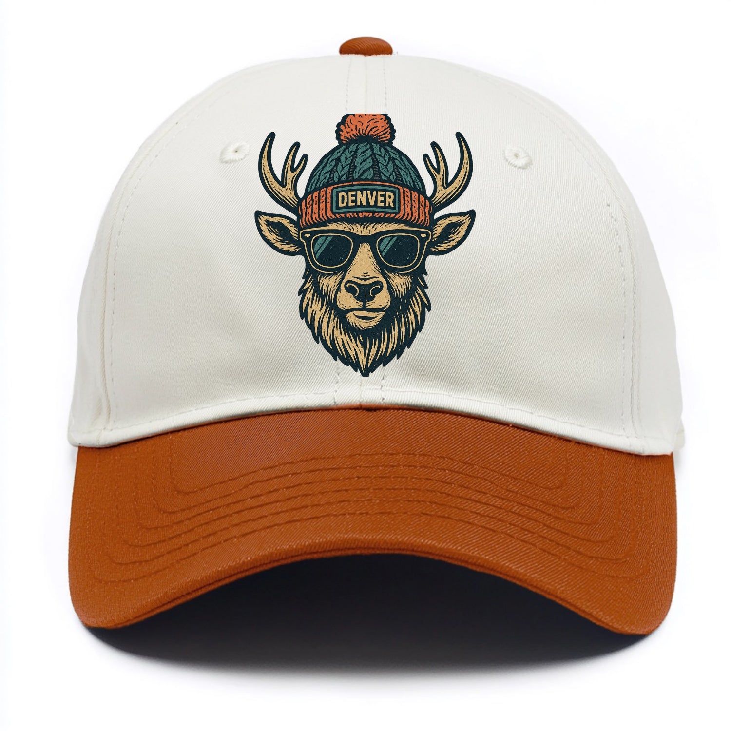 Denver Elk wearing Denver beanie with pom pom and wayfarer sunglasses - Two Tone Cap - Orange