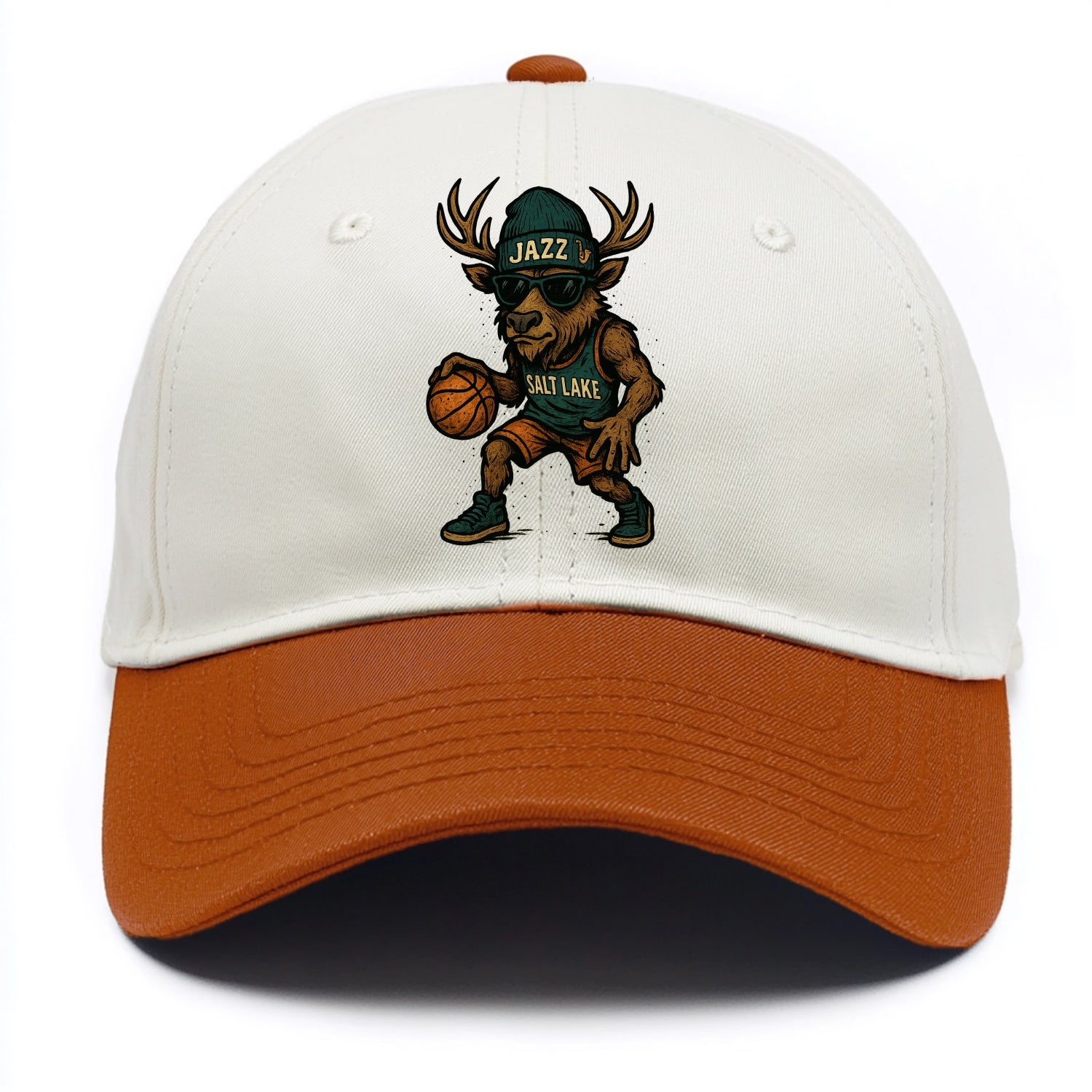 Salt Lake Elk wearing Jazz beanie with saxophone patch and wayfarer sunglasses - Two Tone Cap - Orange