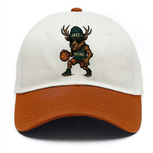 Salt Lake Elk wearing Jazz beanie with saxophone patch and wayfarer sunglasses - Two Tone Cap