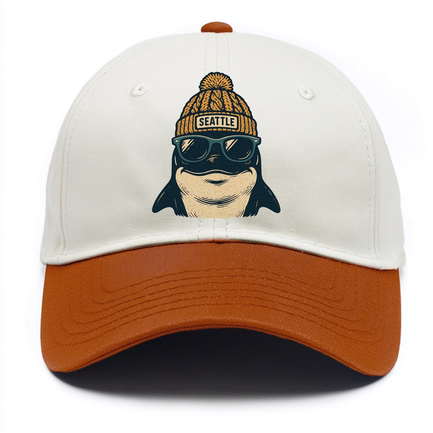 Seattle Orca wearing Seattle beanie with pom pom and wayfarer sunglasses - Two Tone Cap - Orange