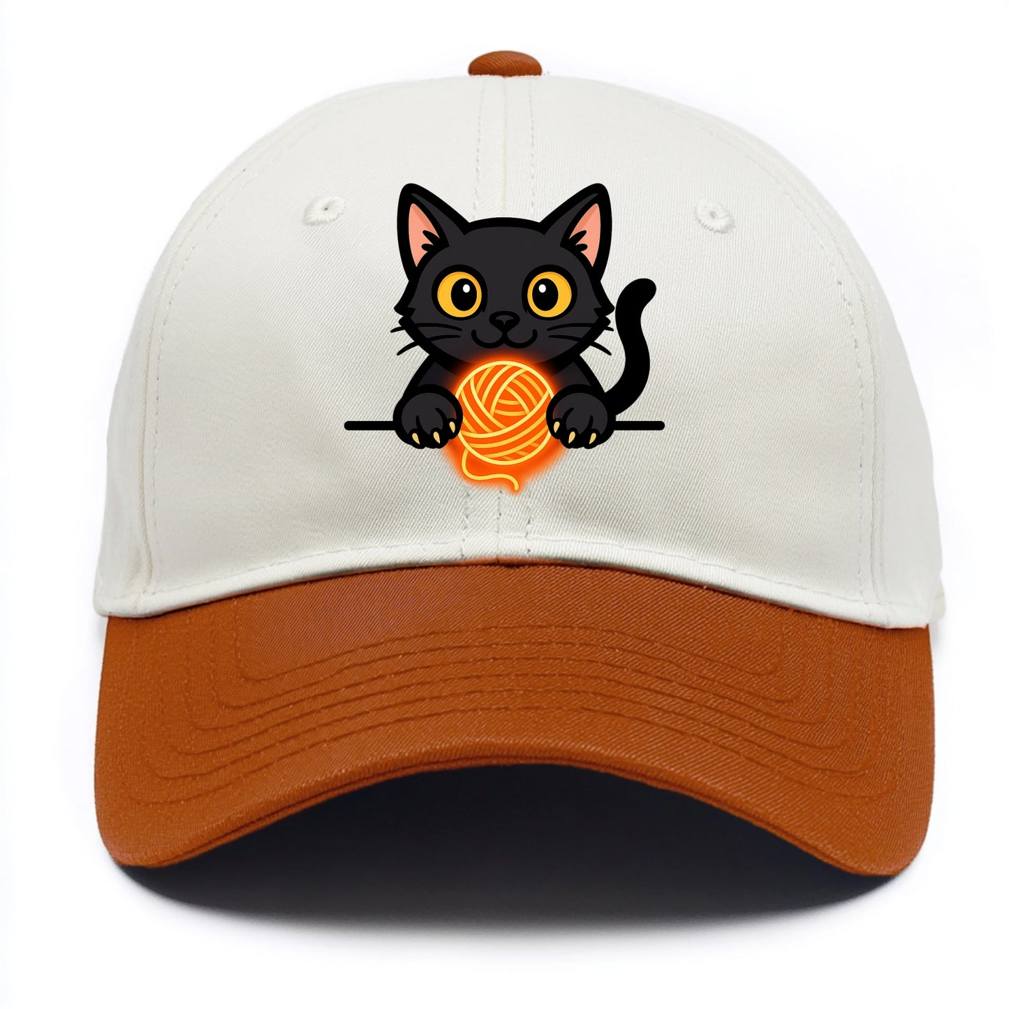 Midnight the black cat popping out of a gift box lid with ribbon trails. - Two Tone Cap - Orange