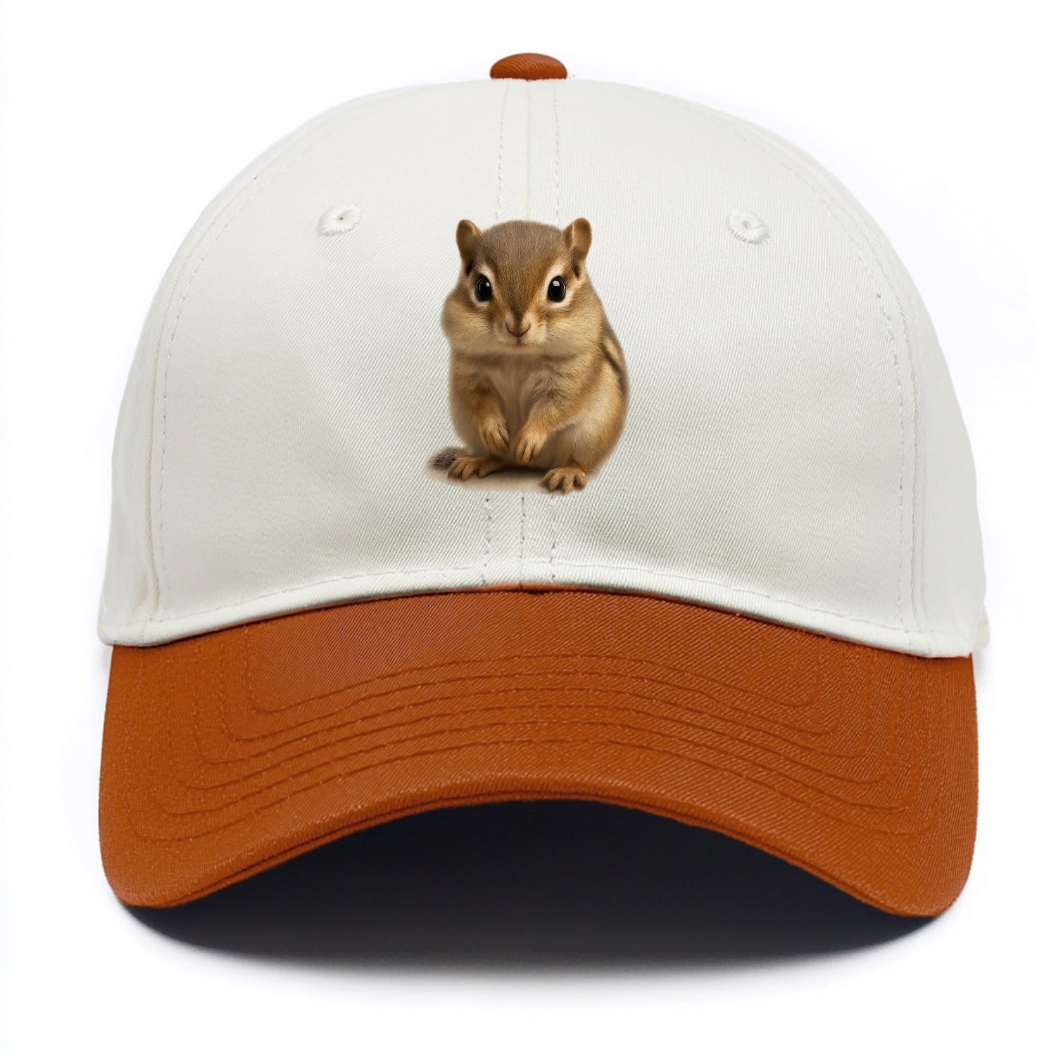Baby Chipmunk - striped back, cheek pouches, tiny paws, bright eyes, front-facing, - Two Tone Cap - Orange