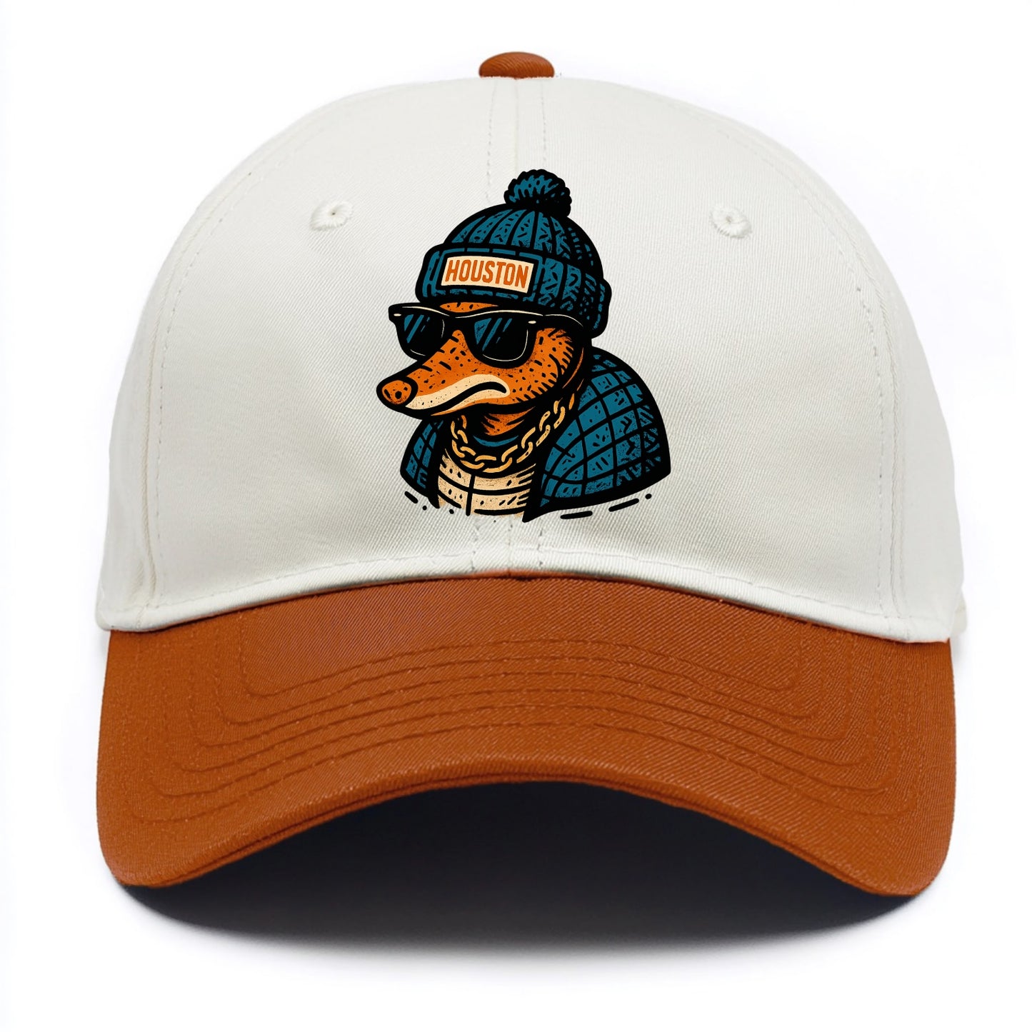 Houston Armadillo wearing Houston beanie with pom pom and wayfarer sunglasses - Two Tone Cap - Orange