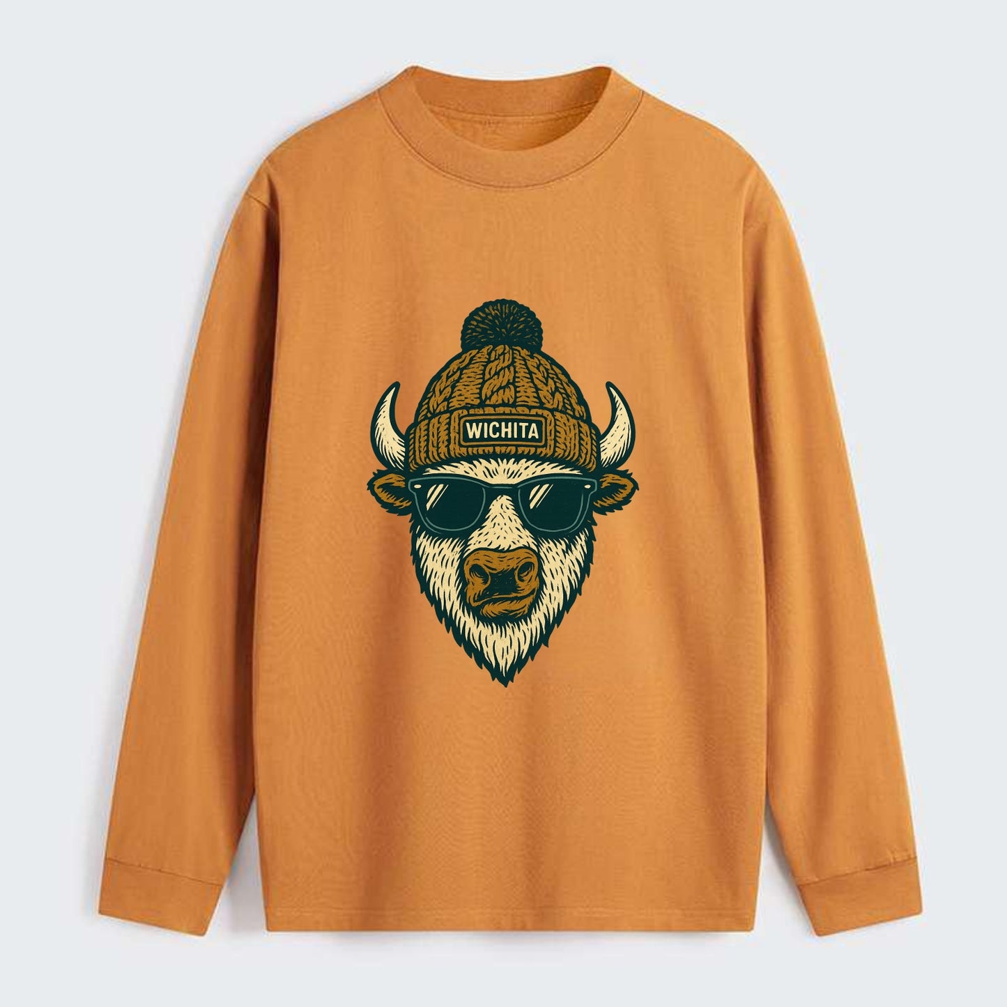 Kansas American Bison wearing Wichita beanie with pom pom and wayfarer - Classic Long Sleeve Shirt - Orange
