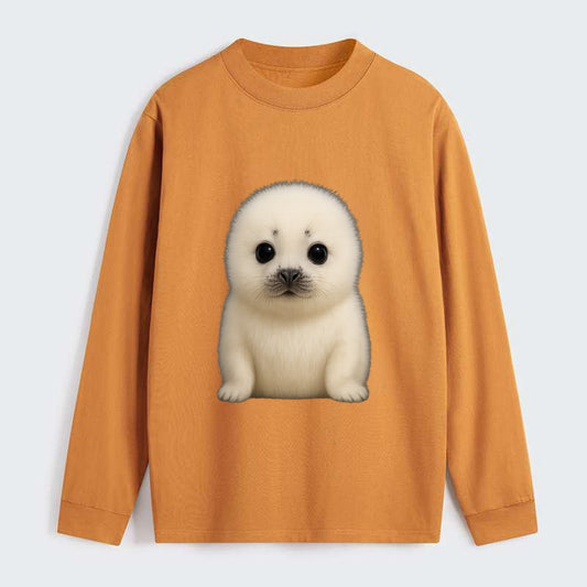 Baby Harp Seal - pure white fluffy fur, enormous dark eyes, - Classic Long Sleeve Shirt - Orange