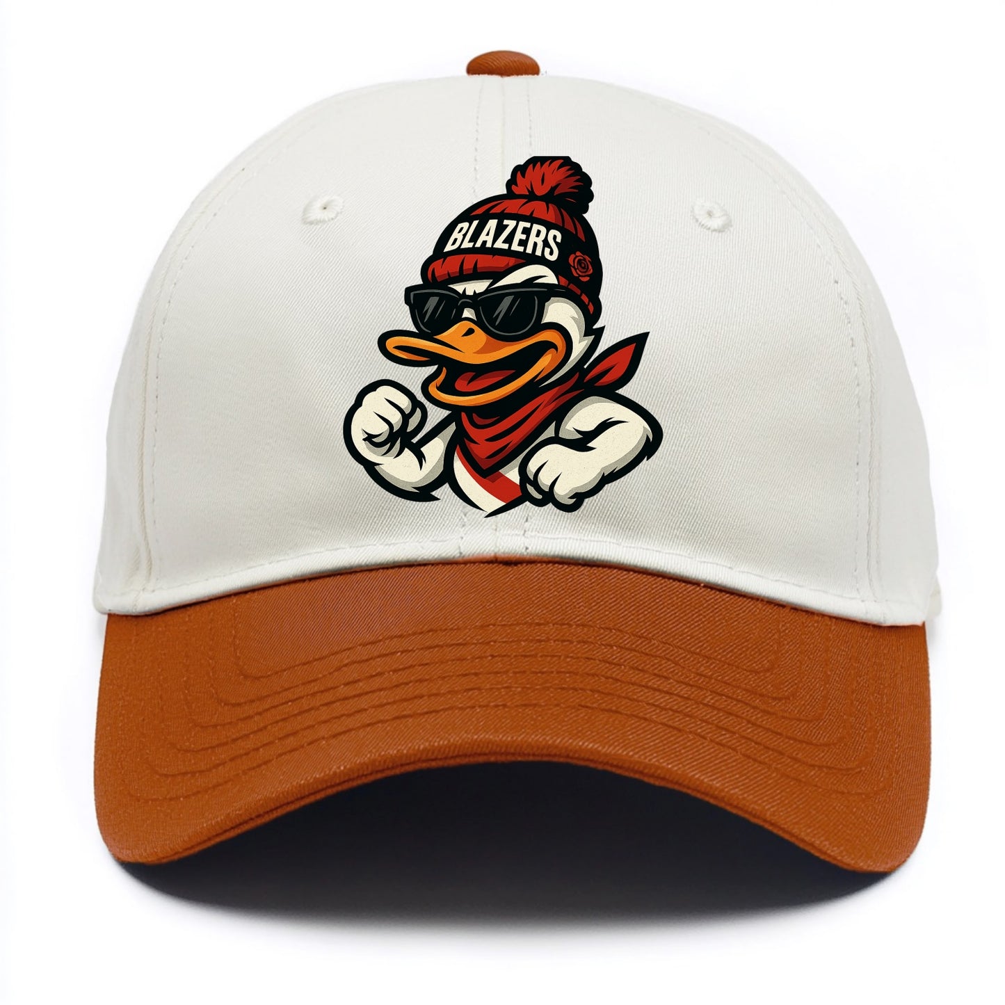 Oregon Duck wearing Trail Blazers beanie with rose patch and wayfarer sunglasses - Two Tone Cap - Orange