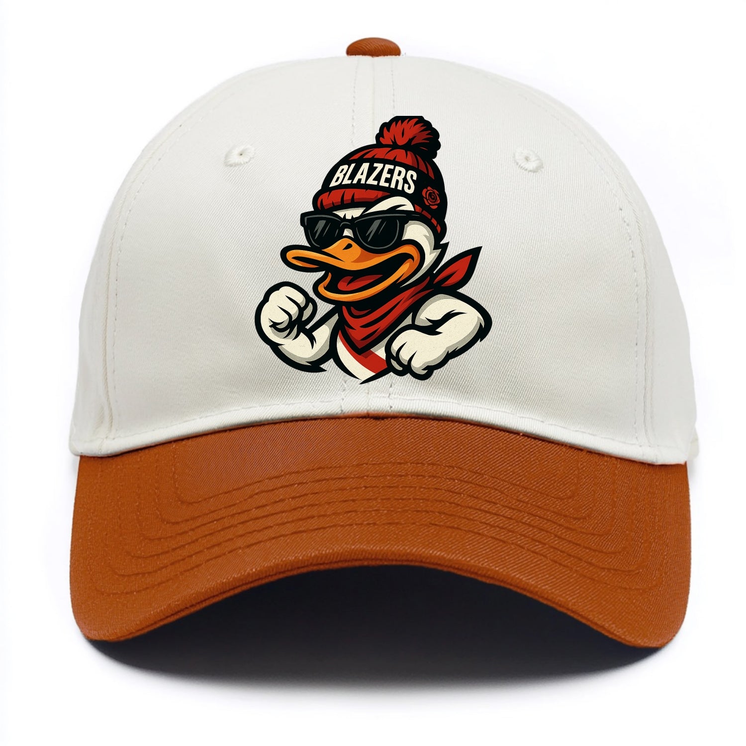 Oregon Duck wearing Trail Blazers beanie with rose patch and wayfarer sunglasses - Two Tone Cap - Orange