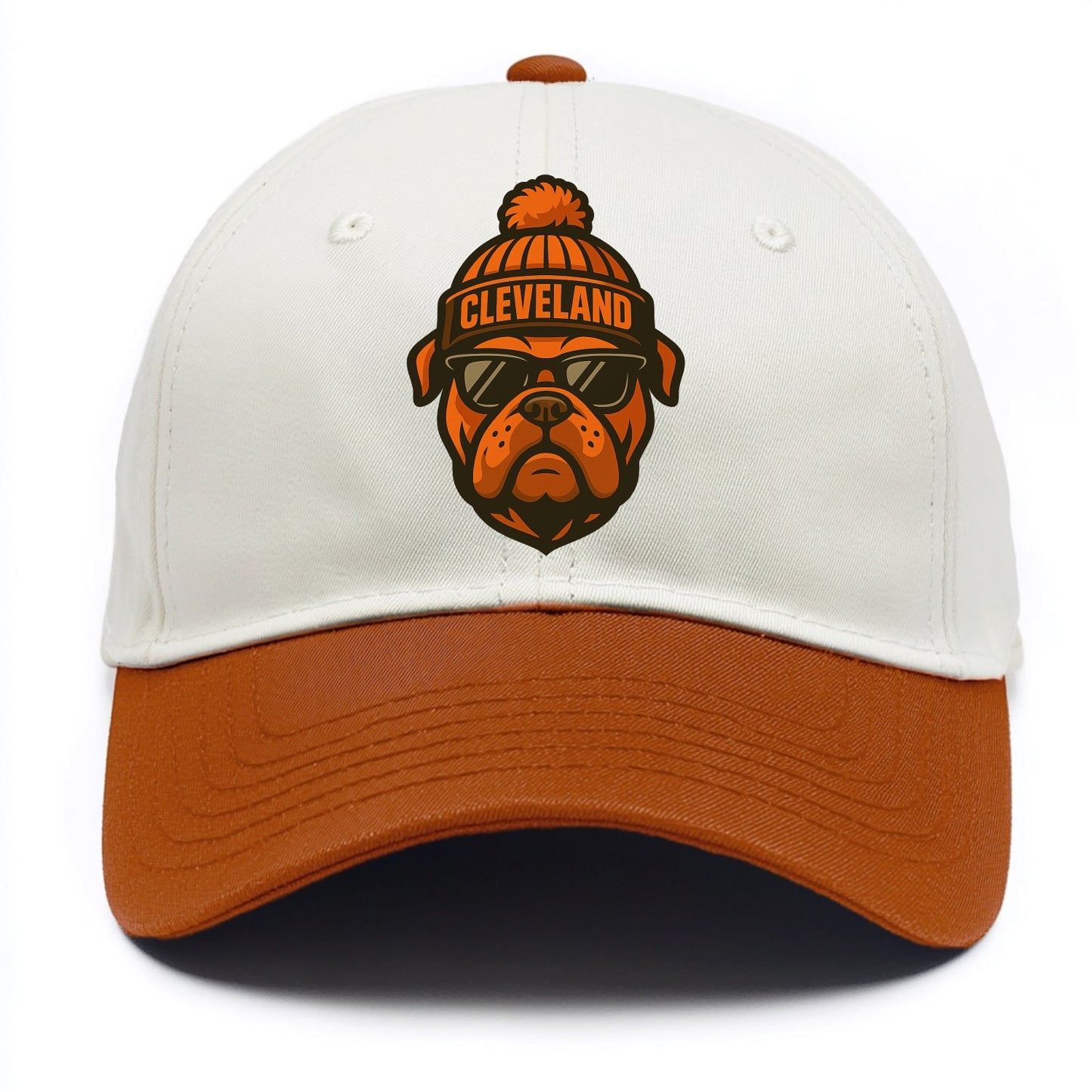 Cleveland Bulldog wearing Browns orange and brown beanie with pom pom and wayfarer - Two Tone Cap - Orange