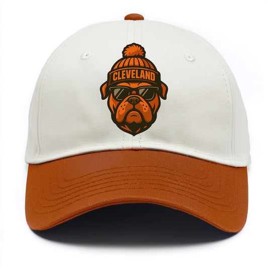 Cleveland Bulldog wearing Browns orange and brown beanie with pom pom and wayfarer - Two Tone Cap - Orange