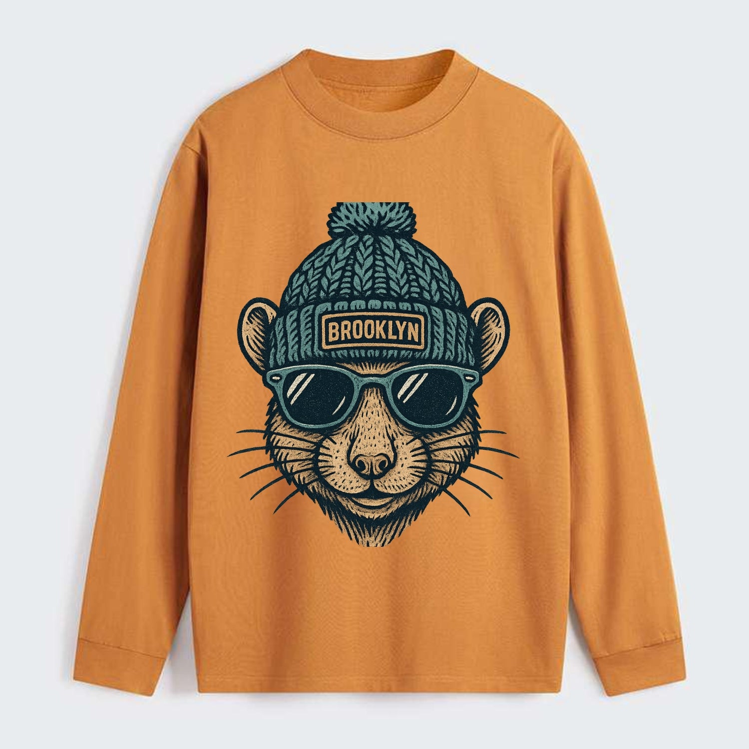 NYC Rat wearing Brooklyn beanie with pom pom and wayfarer sunglasses - Classic Long Sleeve Shirt - Orange