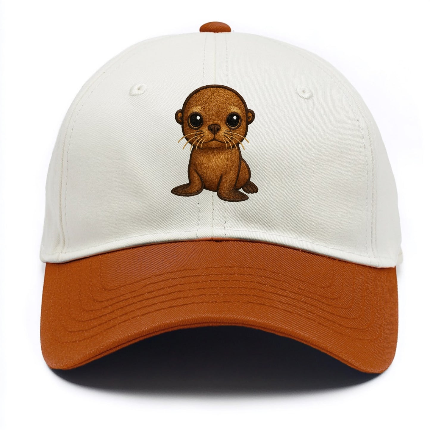 Baby California Sea Lion - golden brown, large expressive eyes, whiskers, - Two Tone Cap - Orange
