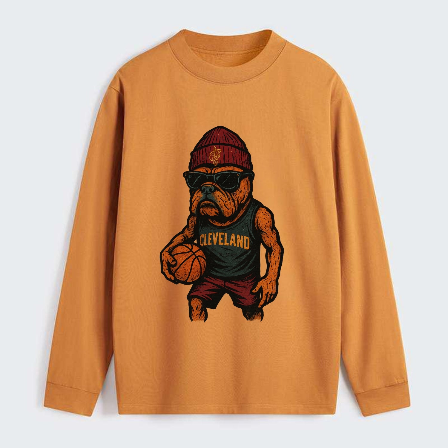 Cleveland Bulldog wearing Cavaliers wine and gold beanie with sword - Classic Long Sleeve Shirt - Orange