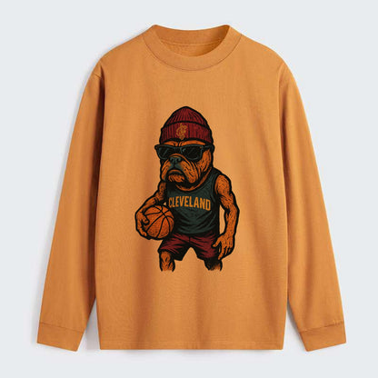 Cleveland Bulldog wearing Cavaliers wine and gold beanie with sword - Classic Long Sleeve Shirt - Orange