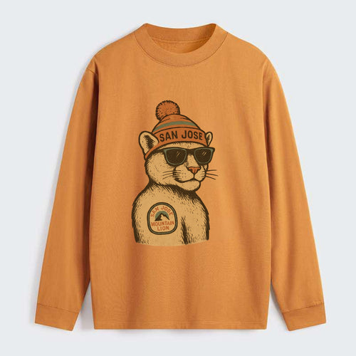 San Jose Mountain Lion wearing San Jose beanie with pom pom and - Classic Long Sleeve Shirt
