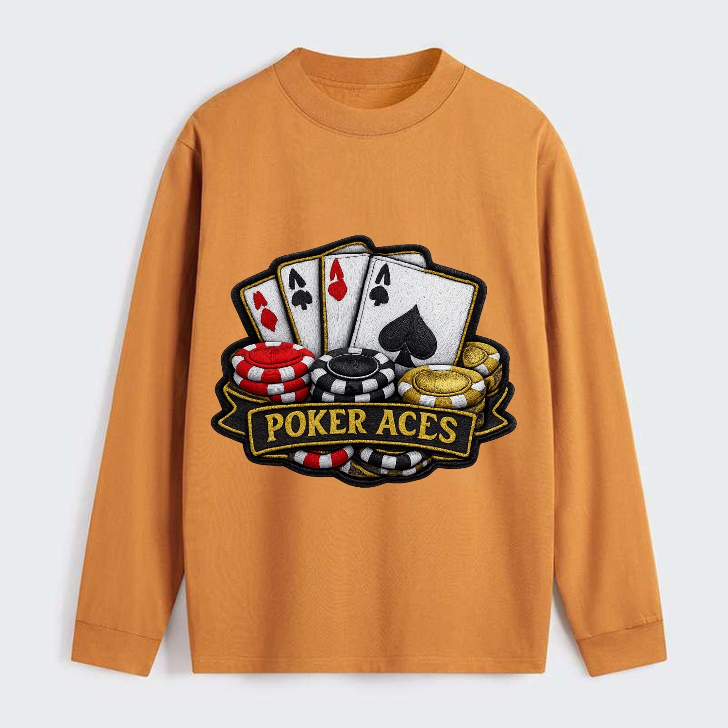Embroidered patch design - POKER ACES - four aces with chips in red, - Classic Long Sleeve Shirt - Orange