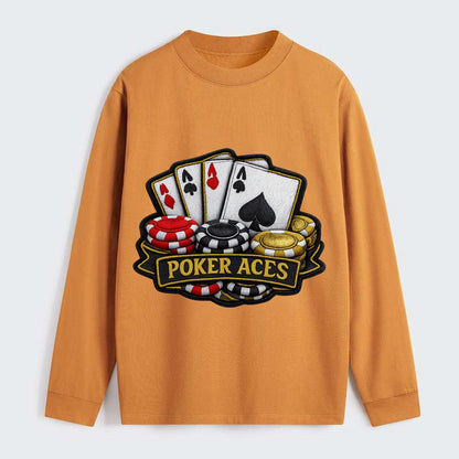 Embroidered patch design - POKER ACES - four aces with chips in red, - Classic Long Sleeve Shirt - Orange