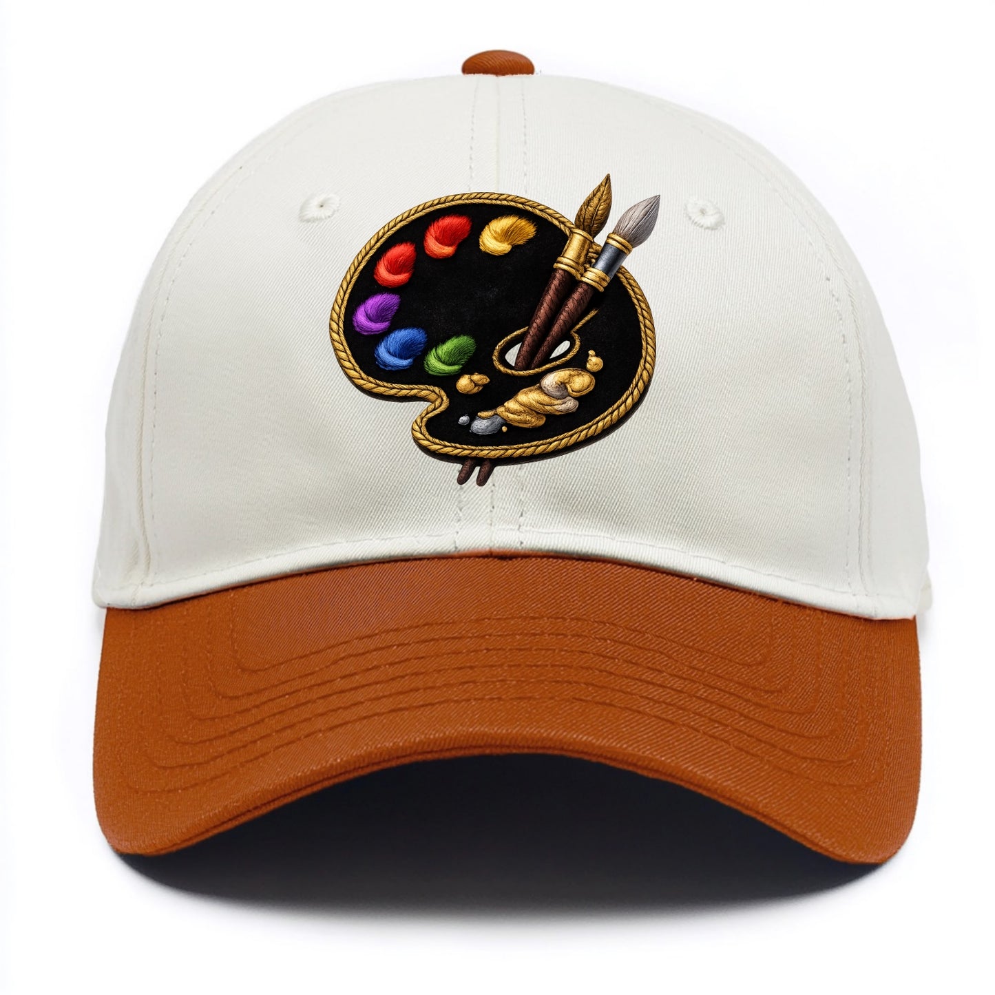 Embroidered patch design - PAINT PALETTE - artist palette with brushes in rainbow - Two Tone Cap - Orange