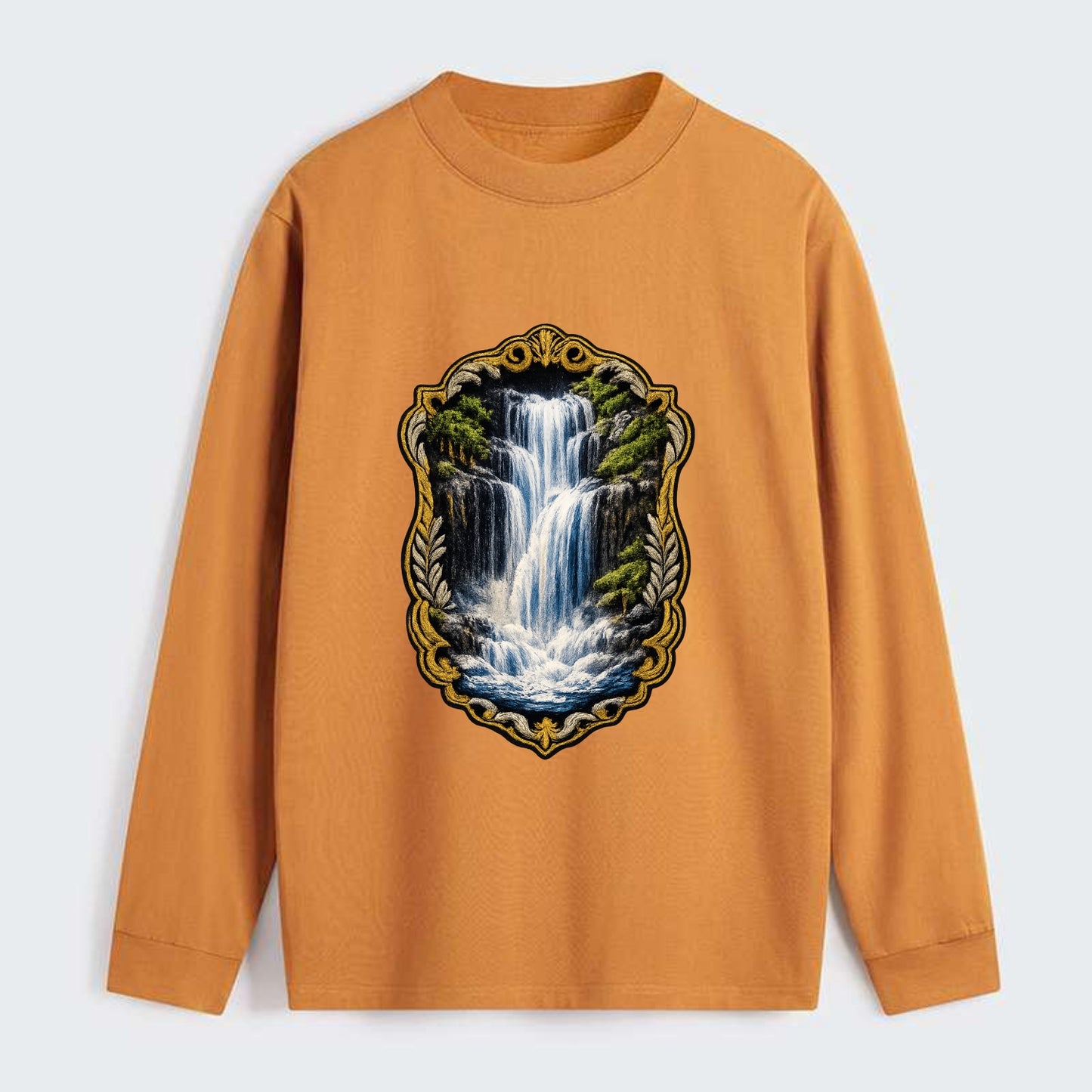 WATERFALL CASCADE - falling water with mist in blue and white , nature - Classic Long Sleeve Shirt - Orange