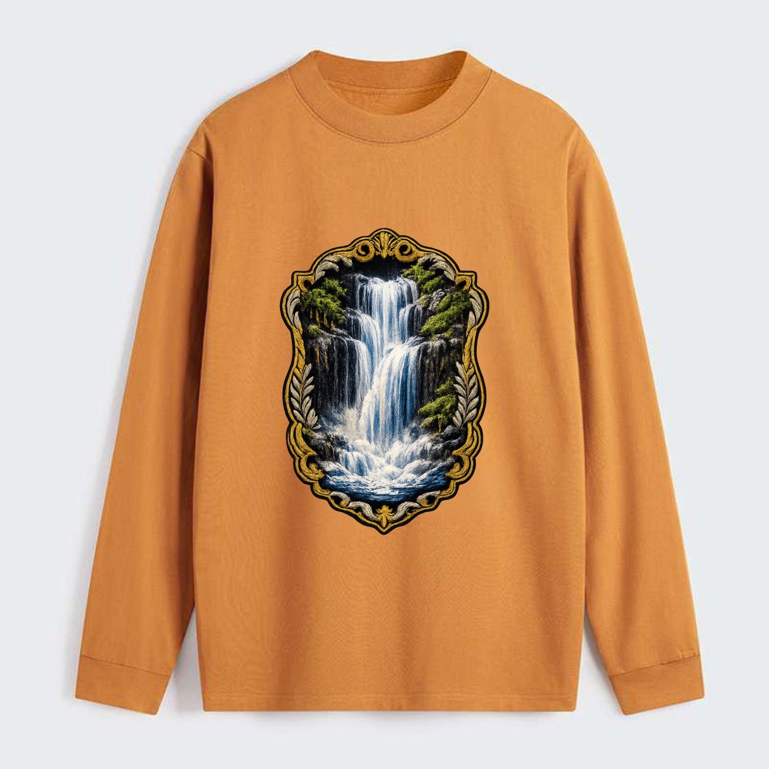 WATERFALL CASCADE - falling water with mist in blue and white , nature - Classic Long Sleeve Shirt - Orange