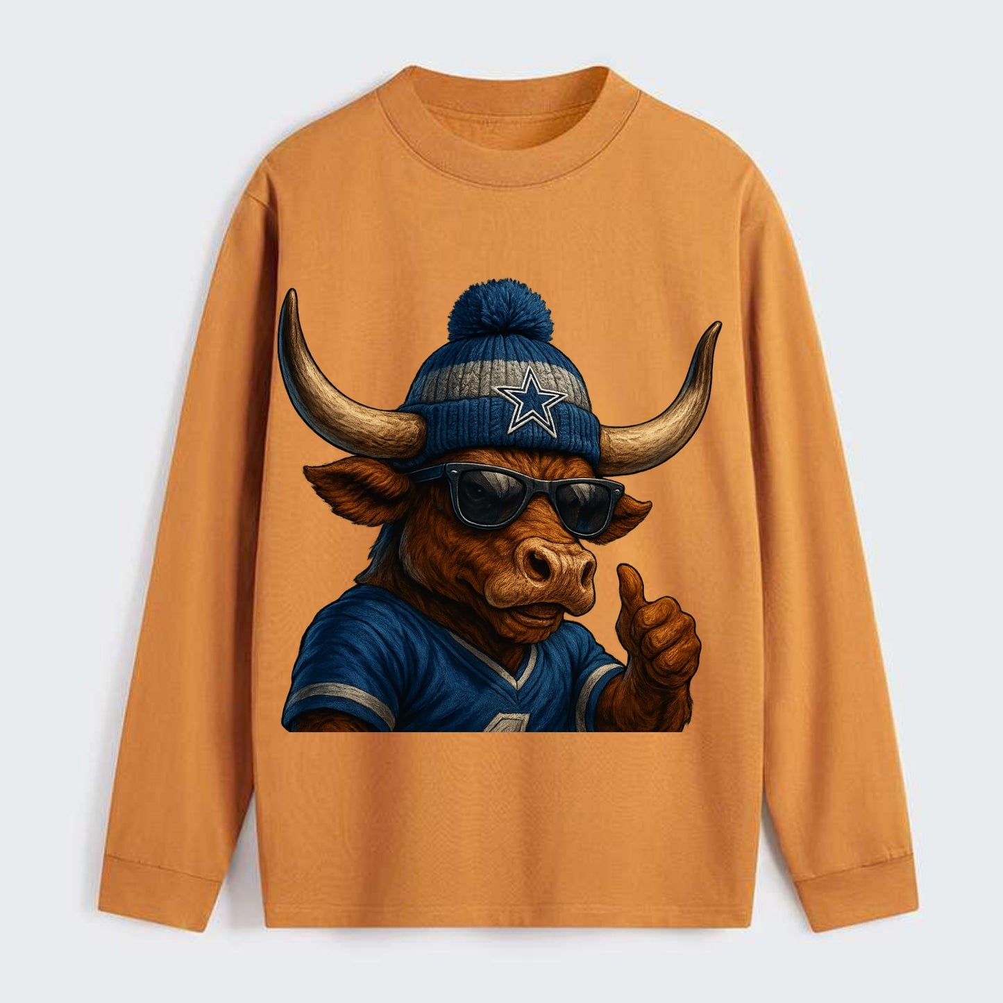 Texas Longhorn wearing Cowboys silver and blue beanie with star and - Classic Long Sleeve Shirt - Orange