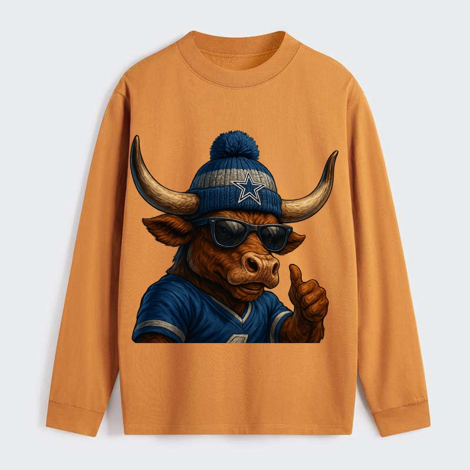 Texas Longhorn wearing Cowboys silver and blue beanie with star and - Classic Long Sleeve Shirt - Orange