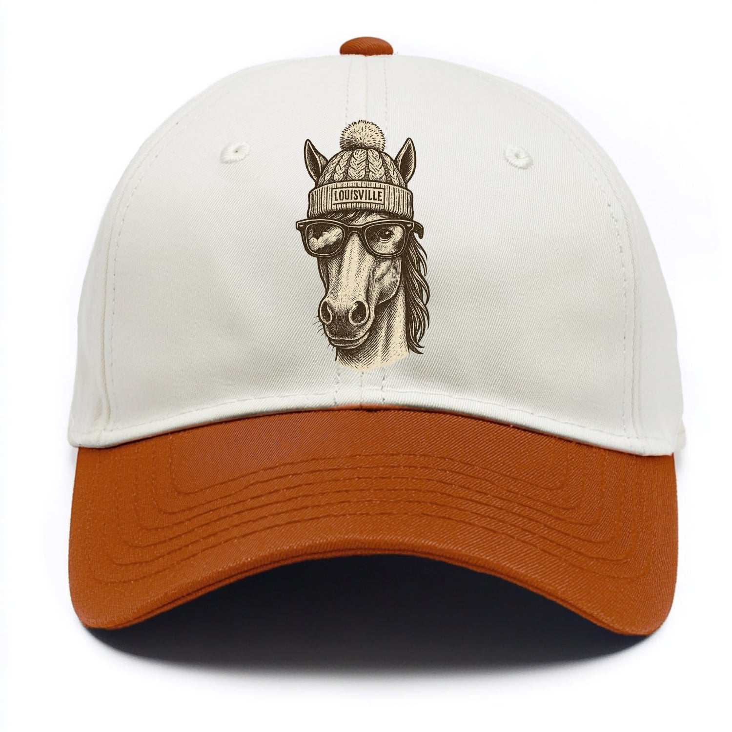 Kentucky Thoroughbred Horse wearing Louisville beanie with pom pom and wayfarer - Two Tone Cap - Orange